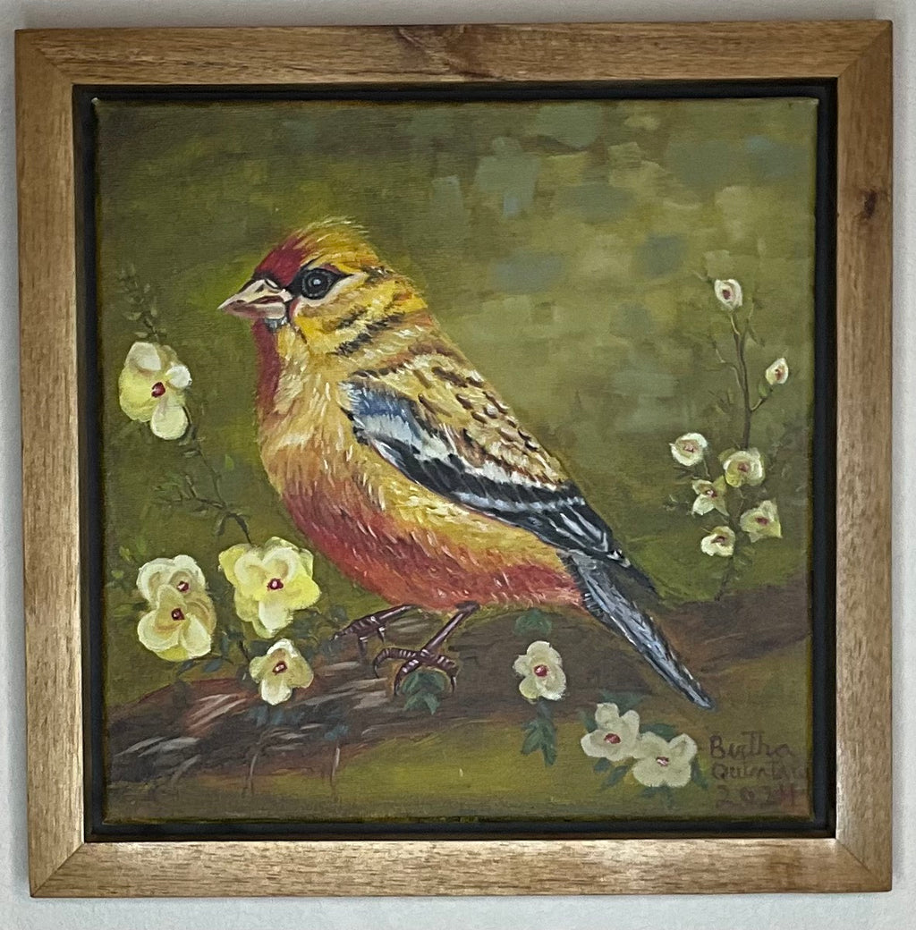 Yellow Bird Oil Painting 14 x 14 Mahogany Frame