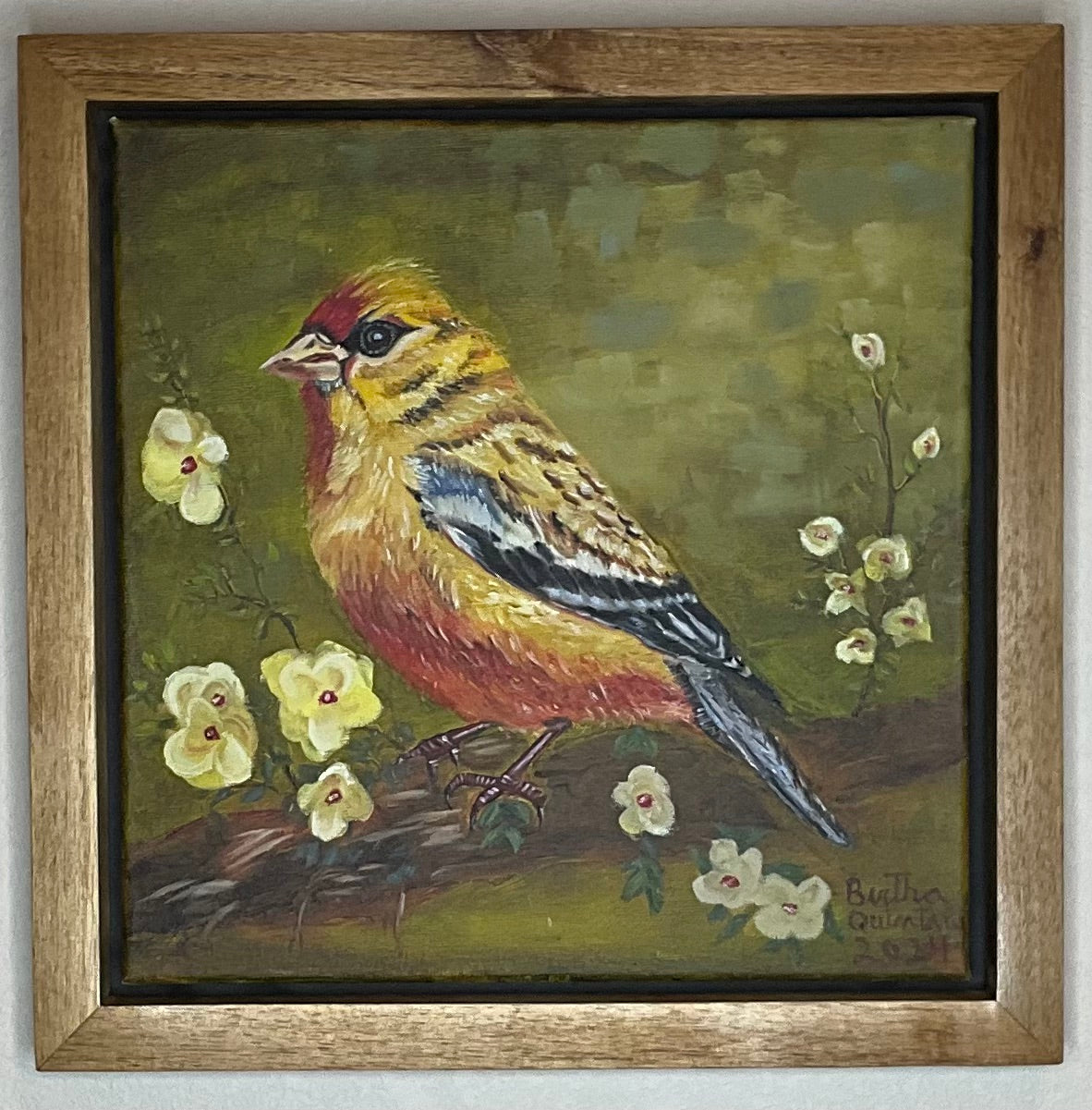 Yellow Bird Oil Painting 14 x 14 Mahogany Frame