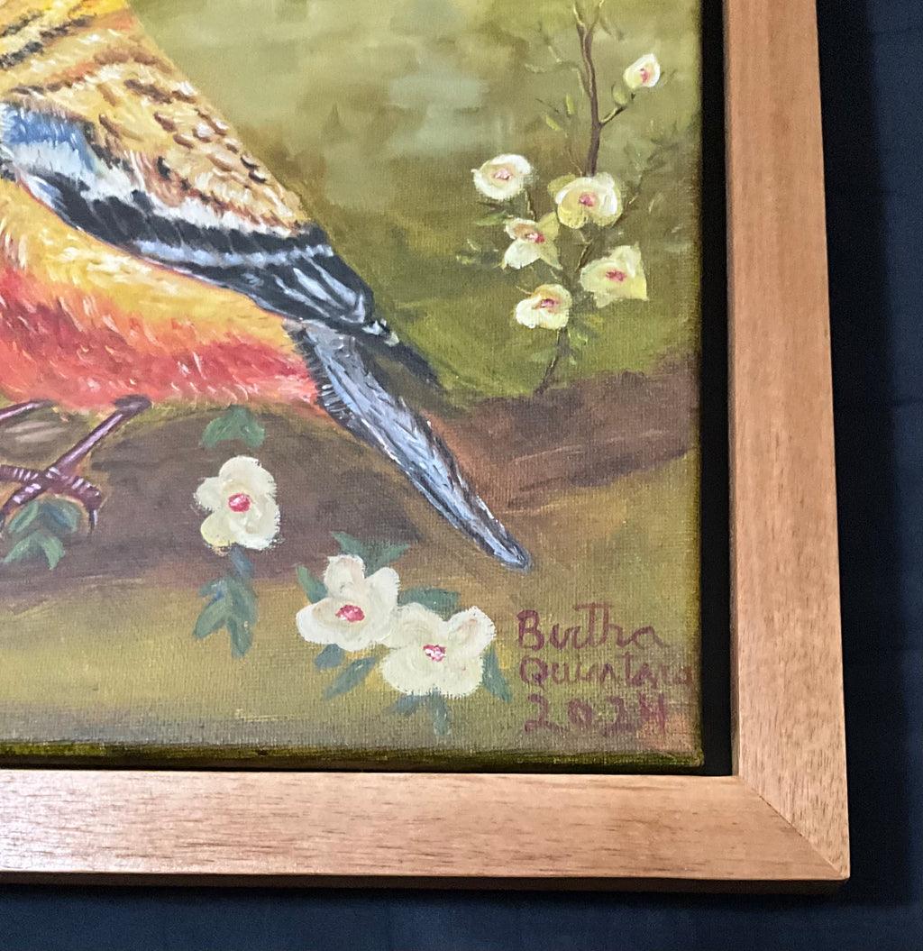 Yellow Bird Oil Painting 14 x 14 Mahogany Frame