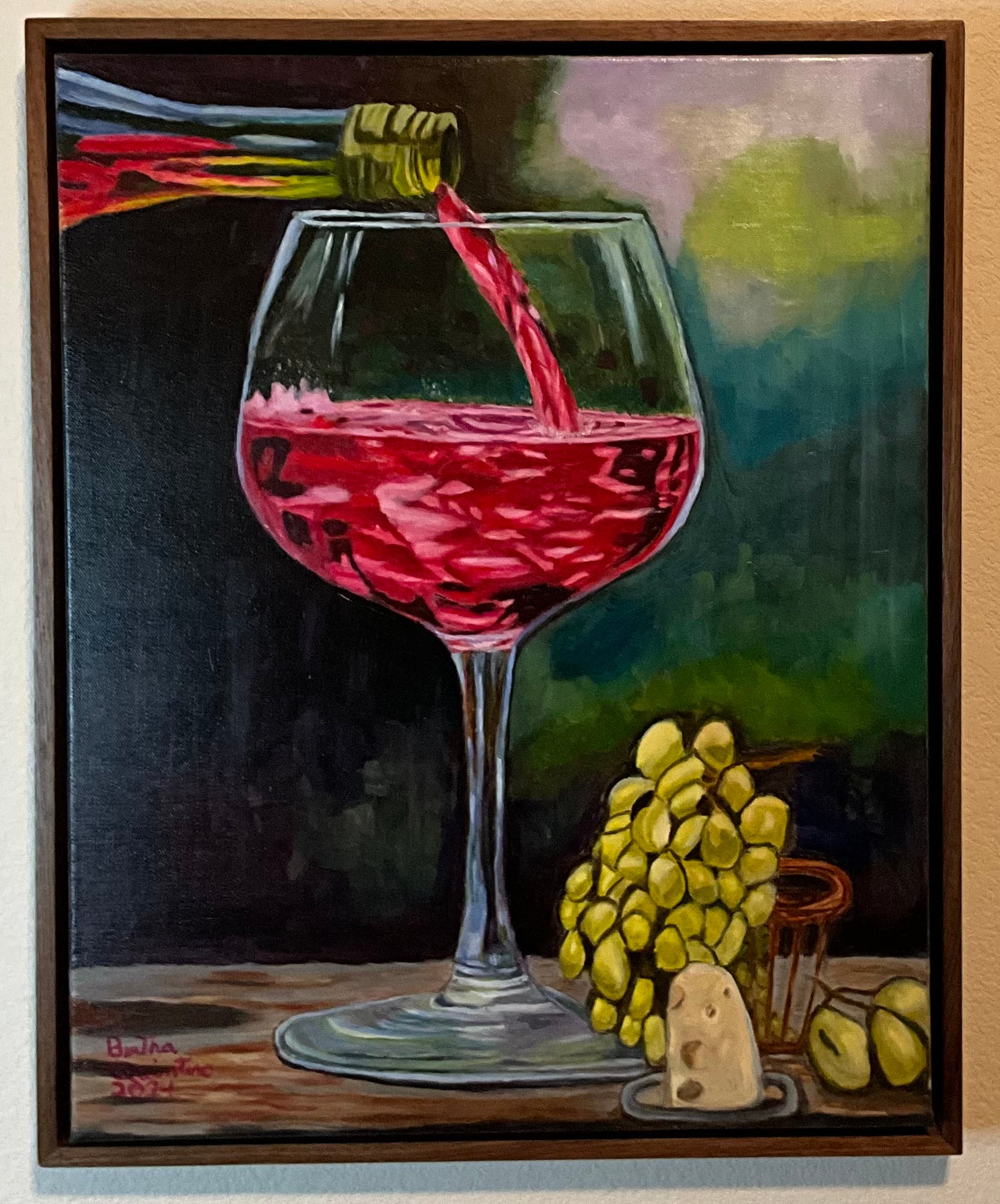 Glass of Red Wine with Cheese — 17 x 21 | Walnut Frame