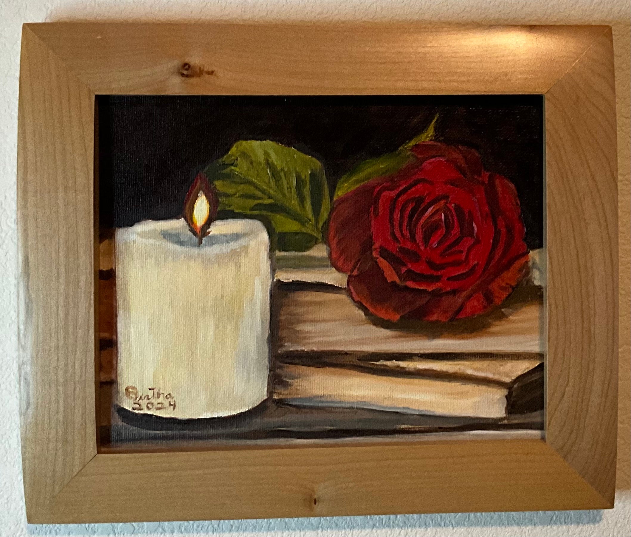Red Rose with Candle — Curved Maple Frame | Oil on Canvas Board