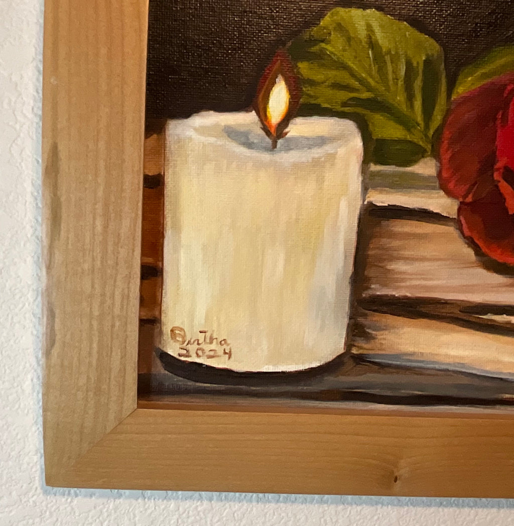 Red Rose with Candle — Curved Maple Frame | Oil on Canvas Board